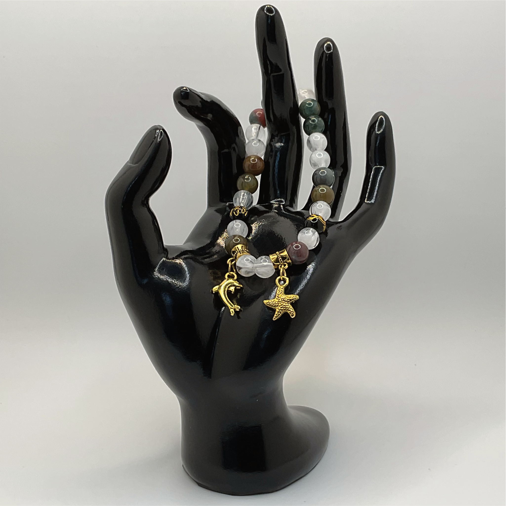 Oriental Agate Milky Quartz Black Pixiu Starfish Dolphin Charm Bracelet