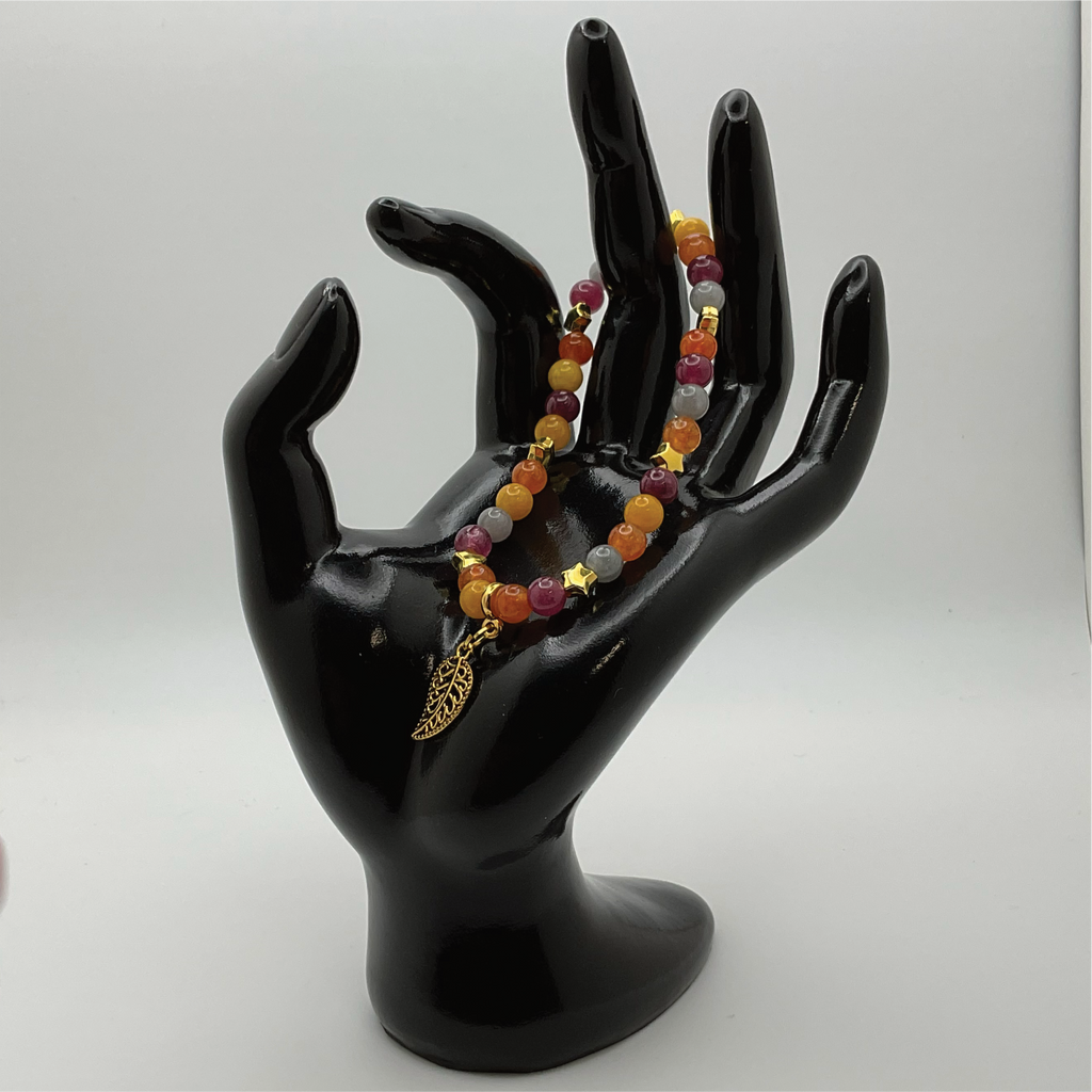 Pulsera de abalorios de hoja de ágata Vena de Dragón Naranja con espaciadores de estrella dorados