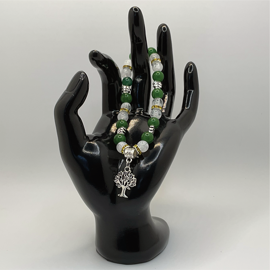 Green Chalcedony Milky Quartz Tree of Life Charm Bracelet with Yellow Crystal Silver Spacers