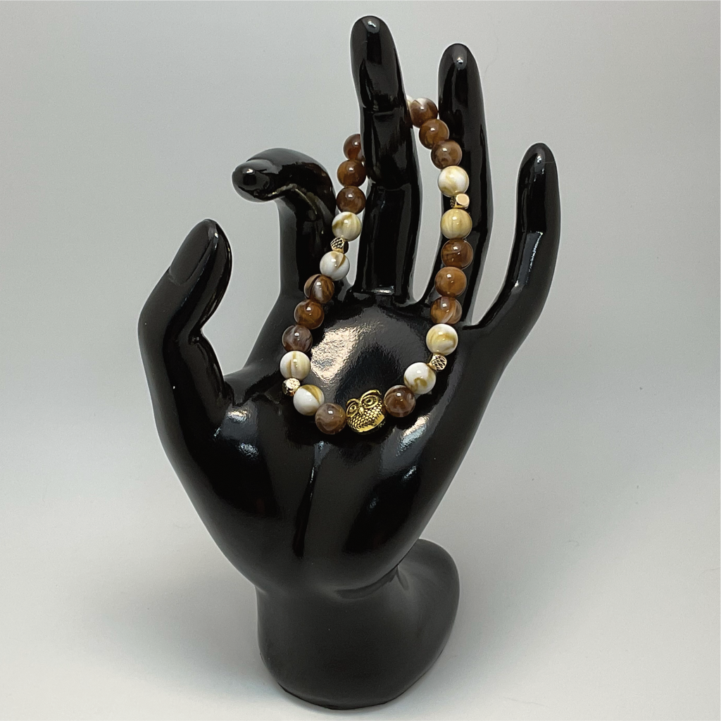 Mookaite Oriental Agate Owl Charm Bracelet with Gold Spacers