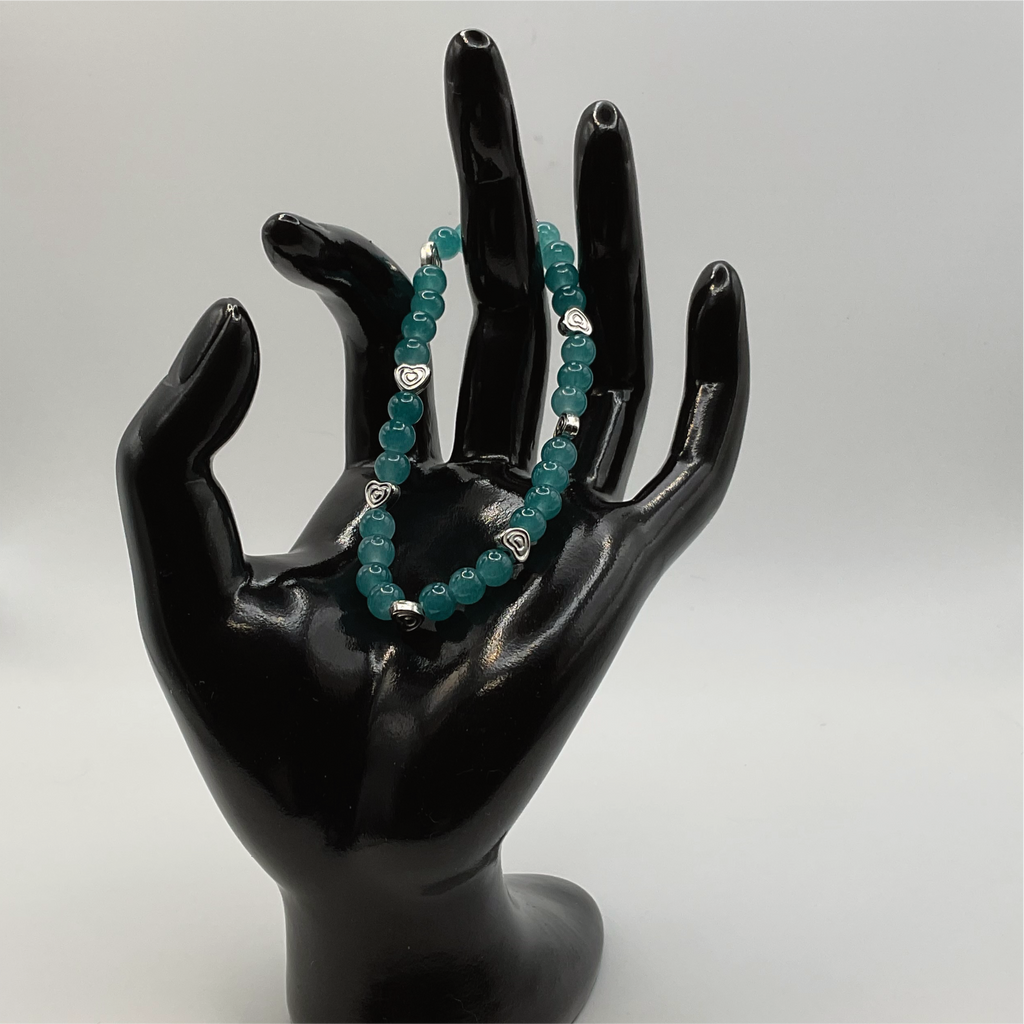 Aqua Glass Bracelet with Silver Heart Spacers