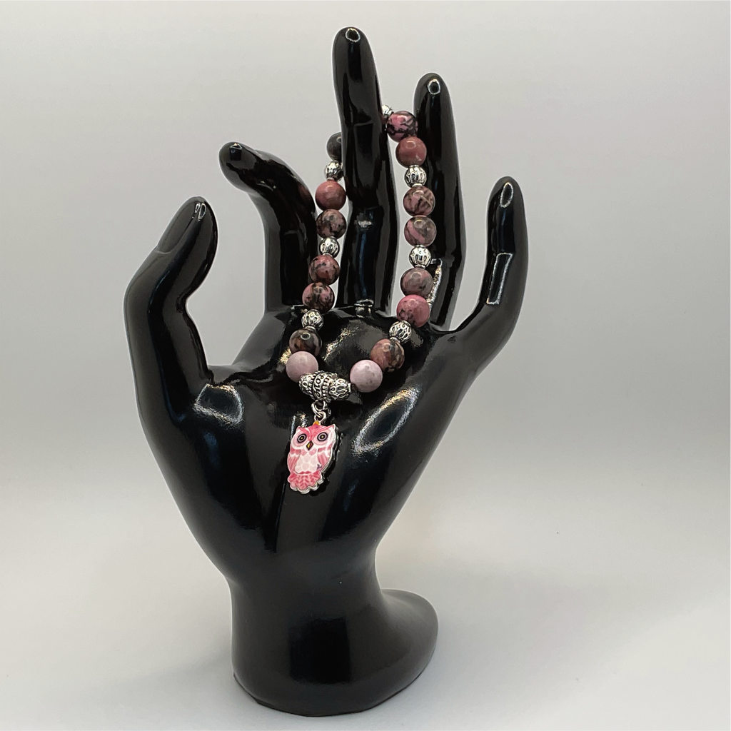 Rhodonite Owl Charm Bracelet with Silver Spacers