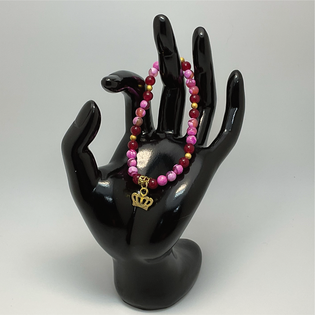 Pink Dragon Vein Agate Golden Crown Charm Bracelet with Gold Spacers