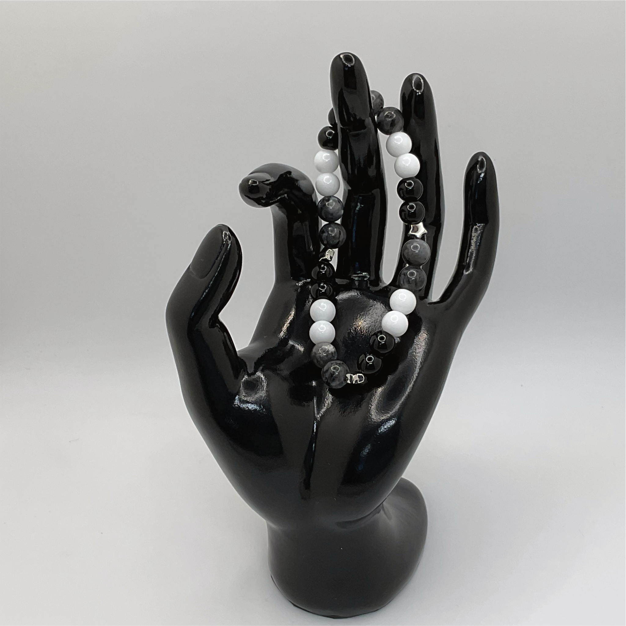 Black Agate Milky Quartz Picasso Stone Bracelet Silver Spacers