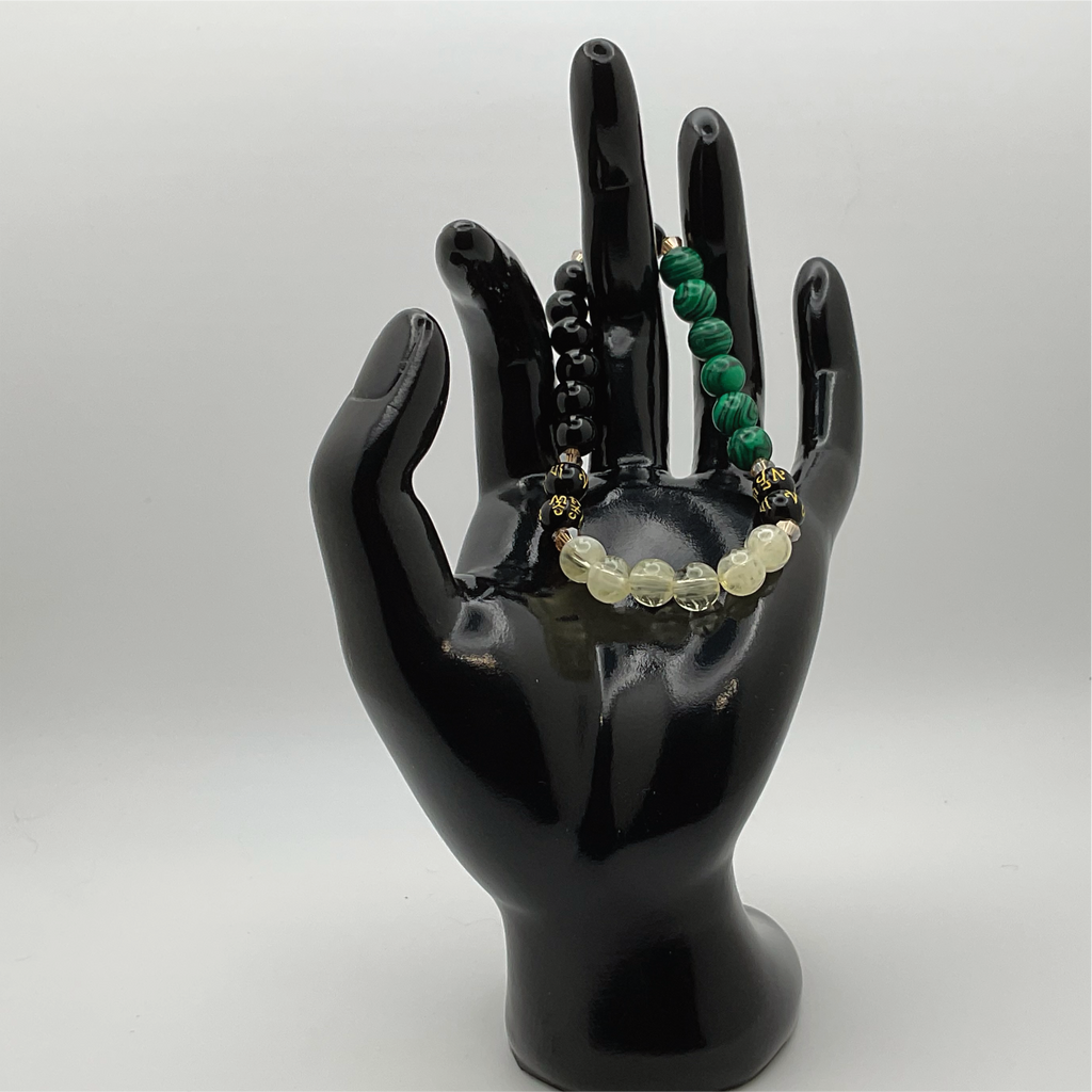 Pulsera Pixiu de Prehnita, Ágata Negra, Malaquita y Citrino con Espaciadores de Cristal