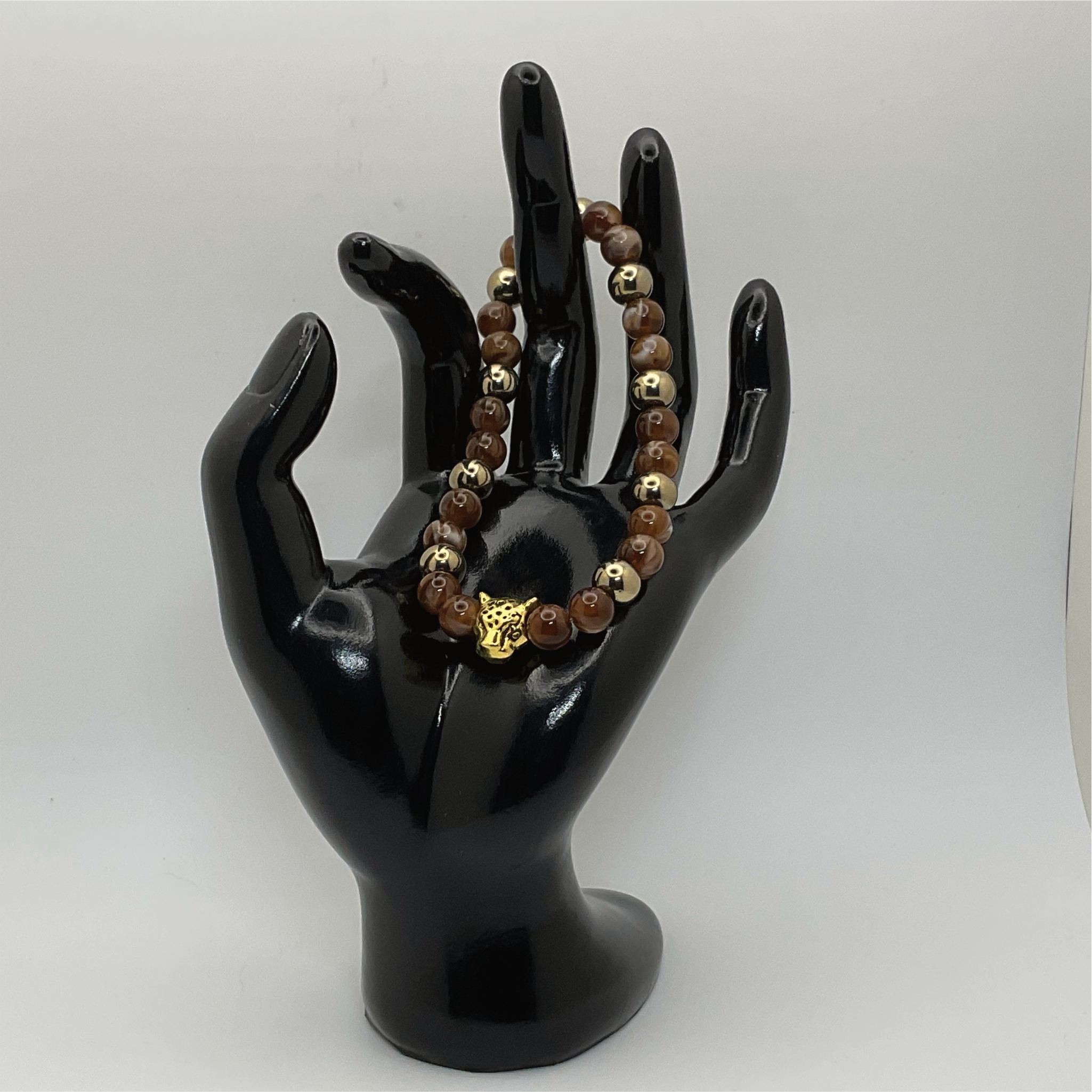 Tiger's Eye Hematite Leopard Charm Bracelet with Gold Spacers