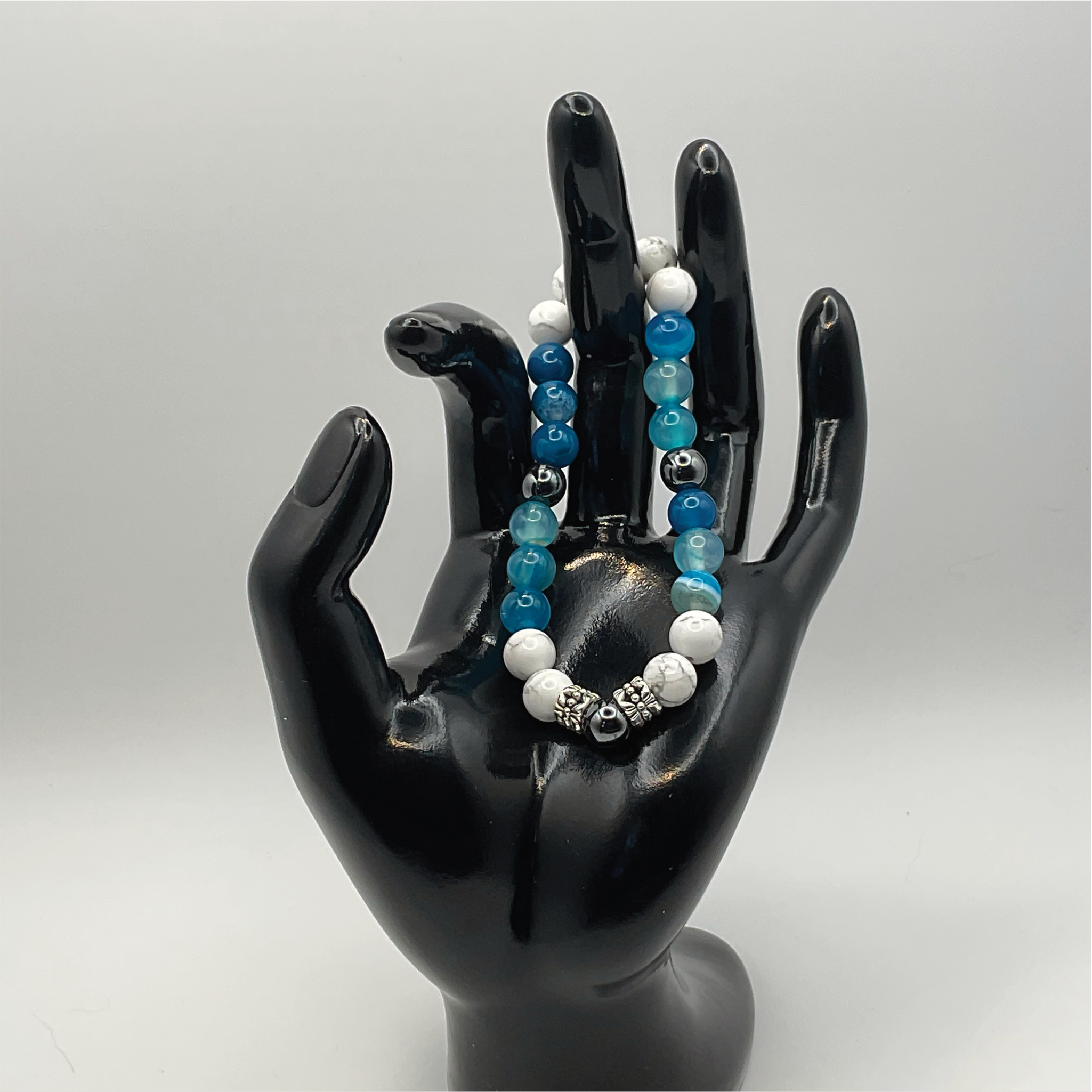 Blue Dragon Vein Agate Hematite Magnesite Bracelet with Silver Tone Spacers