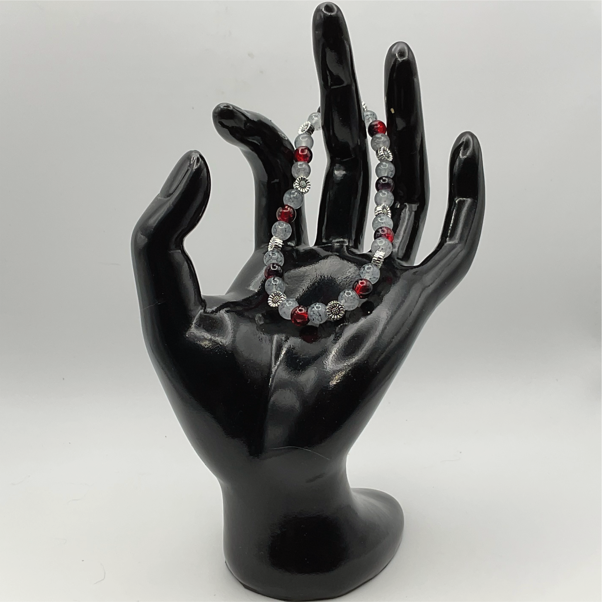 Red Clouded Black and Grey Glass Bracelet with Silver Flower Spacers