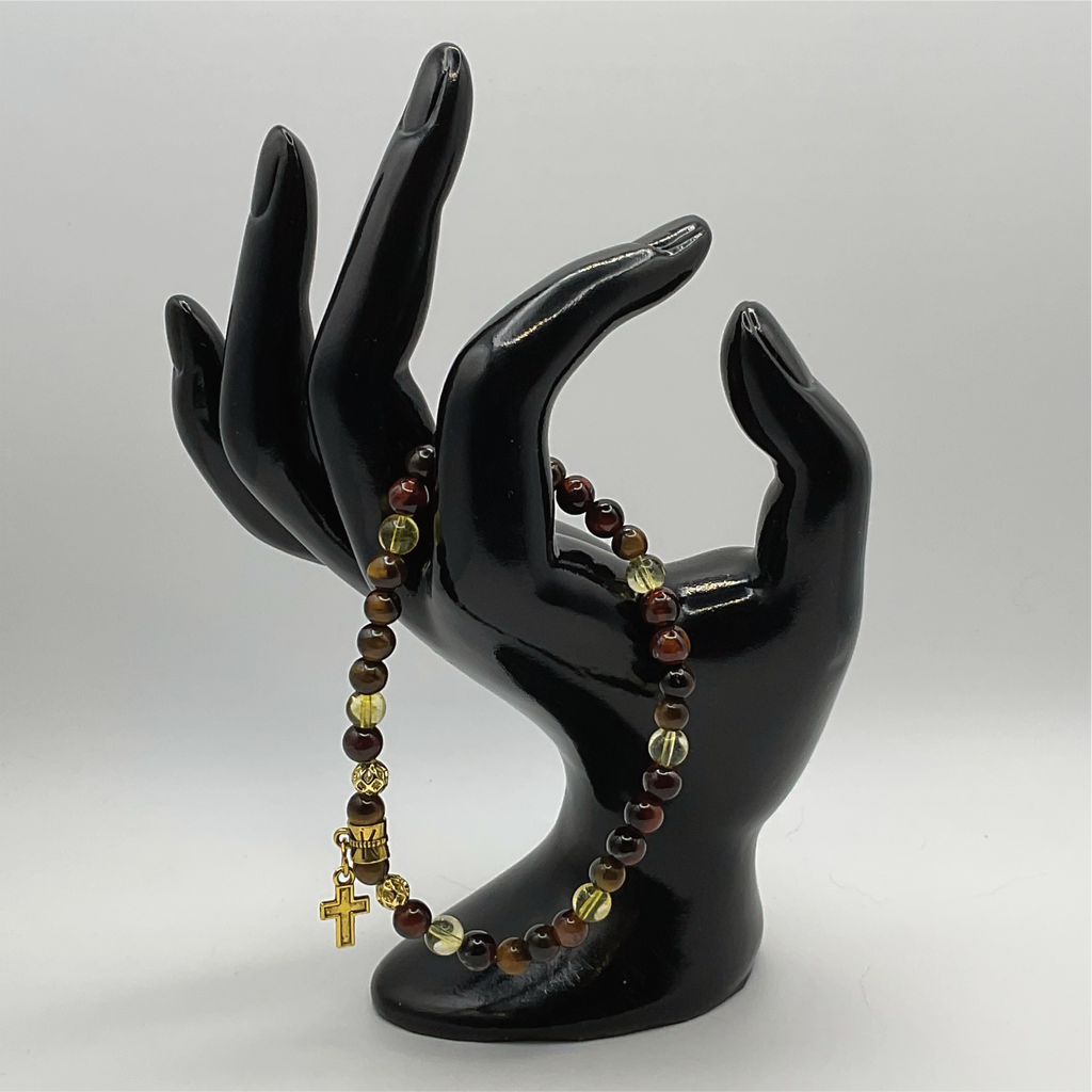 Tiger's Eye Citrine Cross Charm Bracelet with Gold Tone Spacers