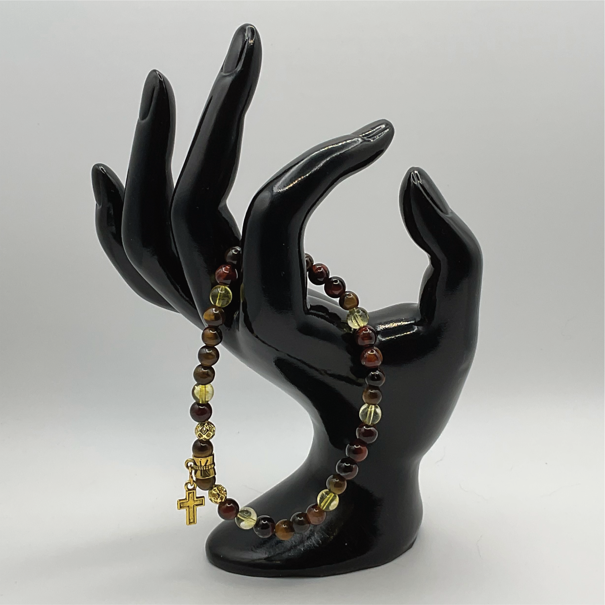 Tiger's Eye Citrine Cross Charm Bracelet with Gold Tone Spacers