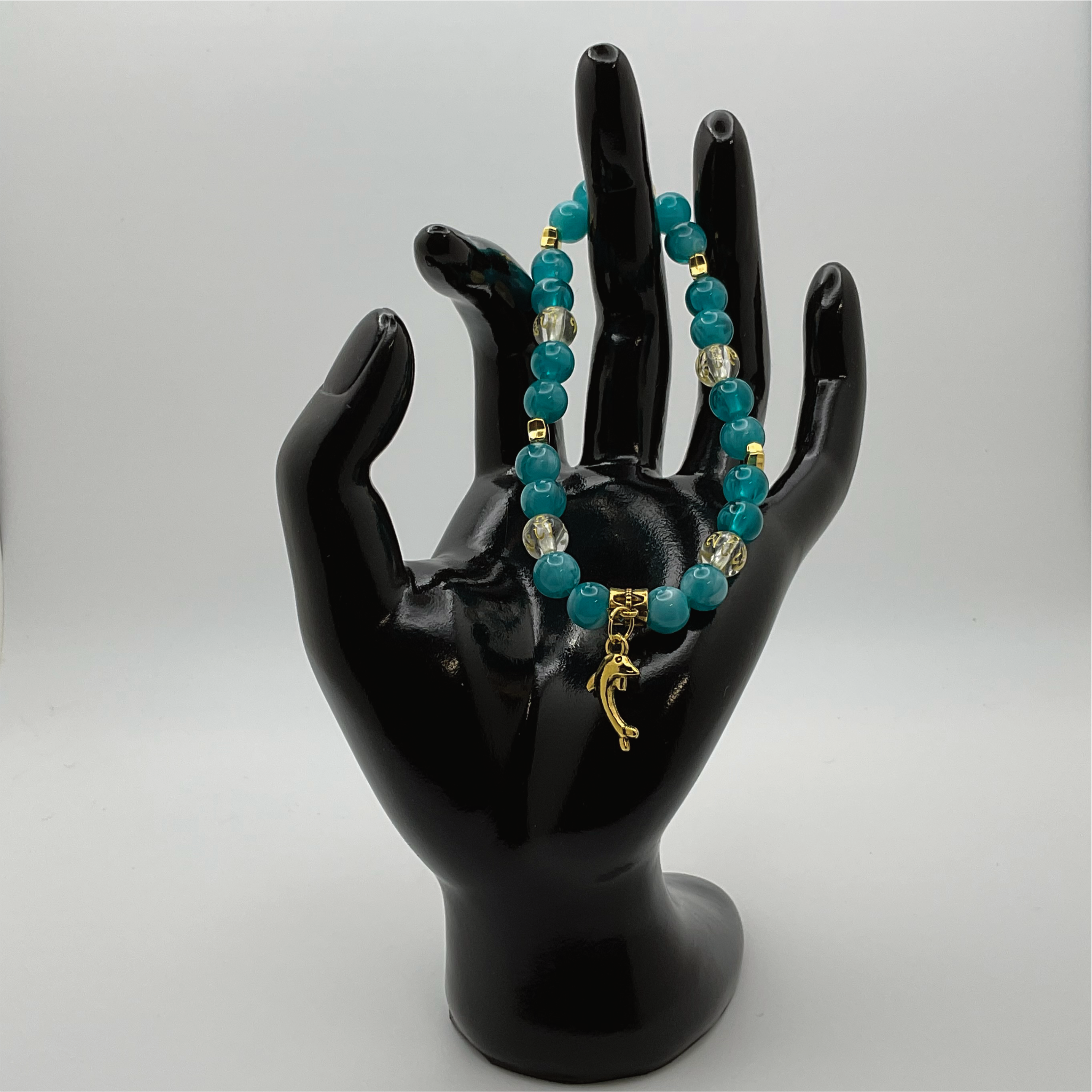 Pulsera con dije de delfín Pixiu de ágata veteada de dragón aguamarina y citrino con espaciadores de estrella dorados