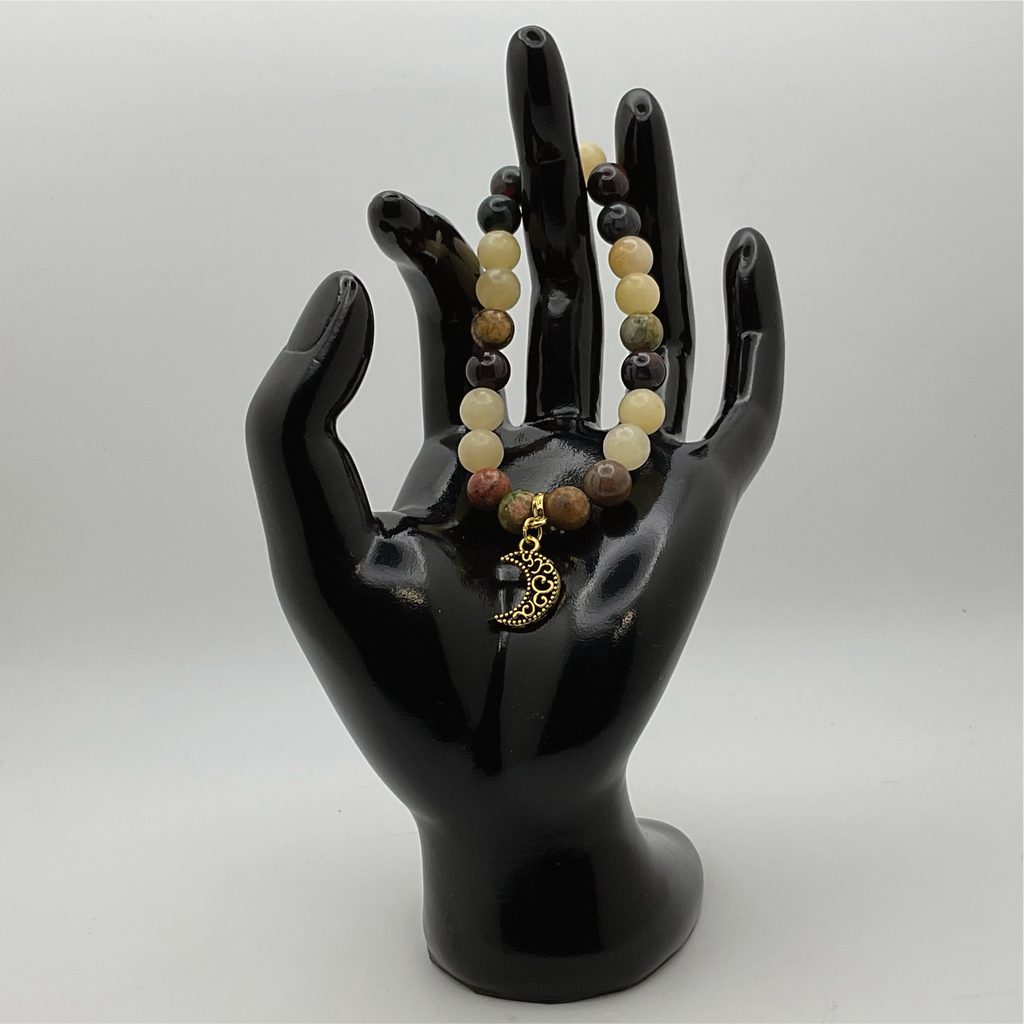 Pulsera de cuarzo verde, serpentina amarilla, unakita y dije de luna