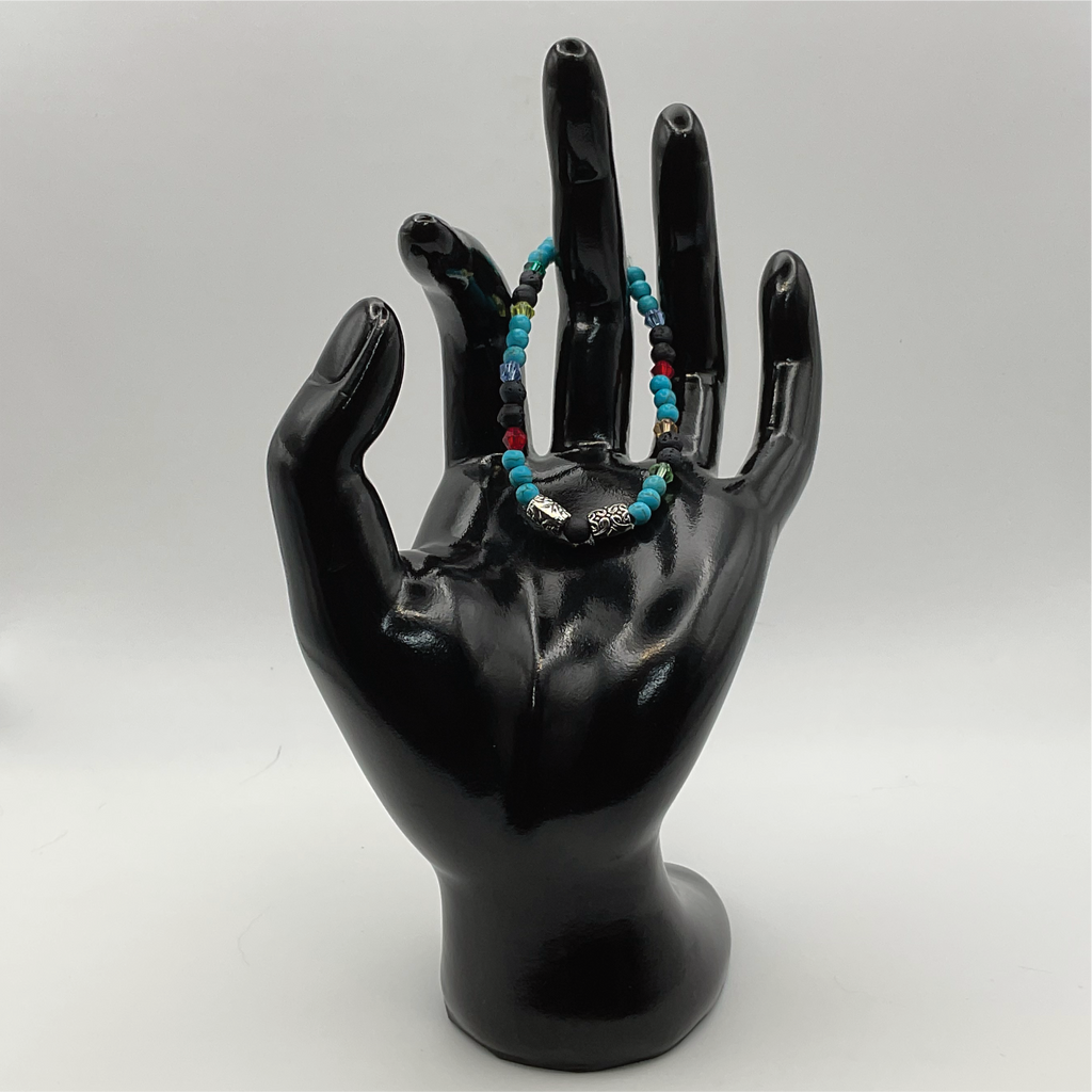 14.5 cm (5.7") Blue Howlite Black Agate Silver Barrel Bracelet with Multi Colored Crystal Spacers
