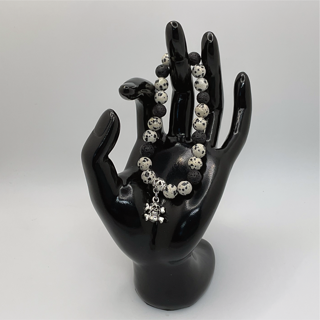Dalmation Stone Lava Stone Skull Charm Bracelet