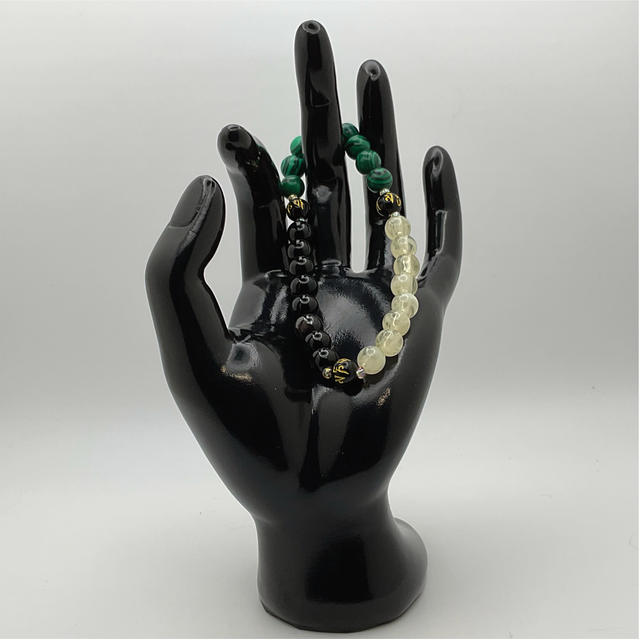 Pulsera Pixiu de Prehnita, Ágata Negra, Malaquita y Citrino con Espaciadores de Plata