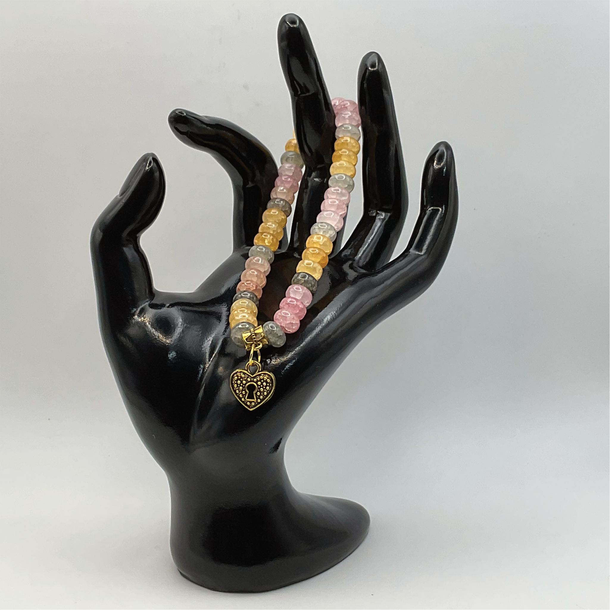 Citrine Labradorite Rose Quartz Lock Heart Charm Bracelet