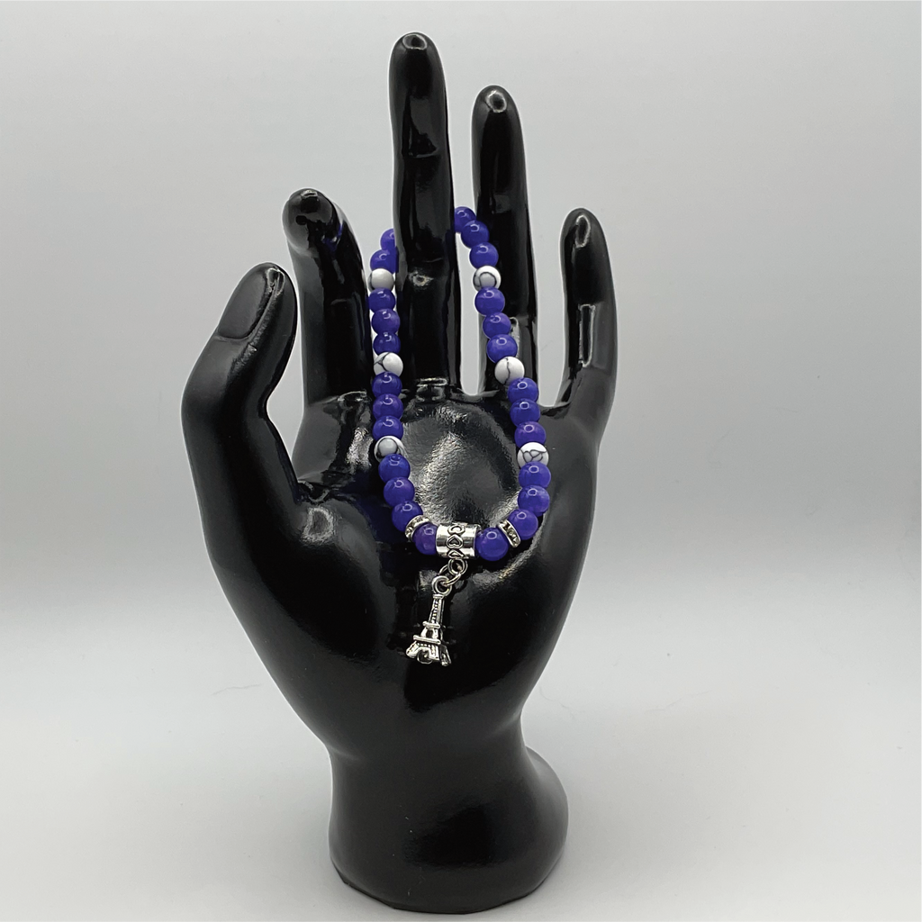 Amethyst Magnesite Eiffel Tower Charm Bracelet with Silver Tone Crystal Spacers