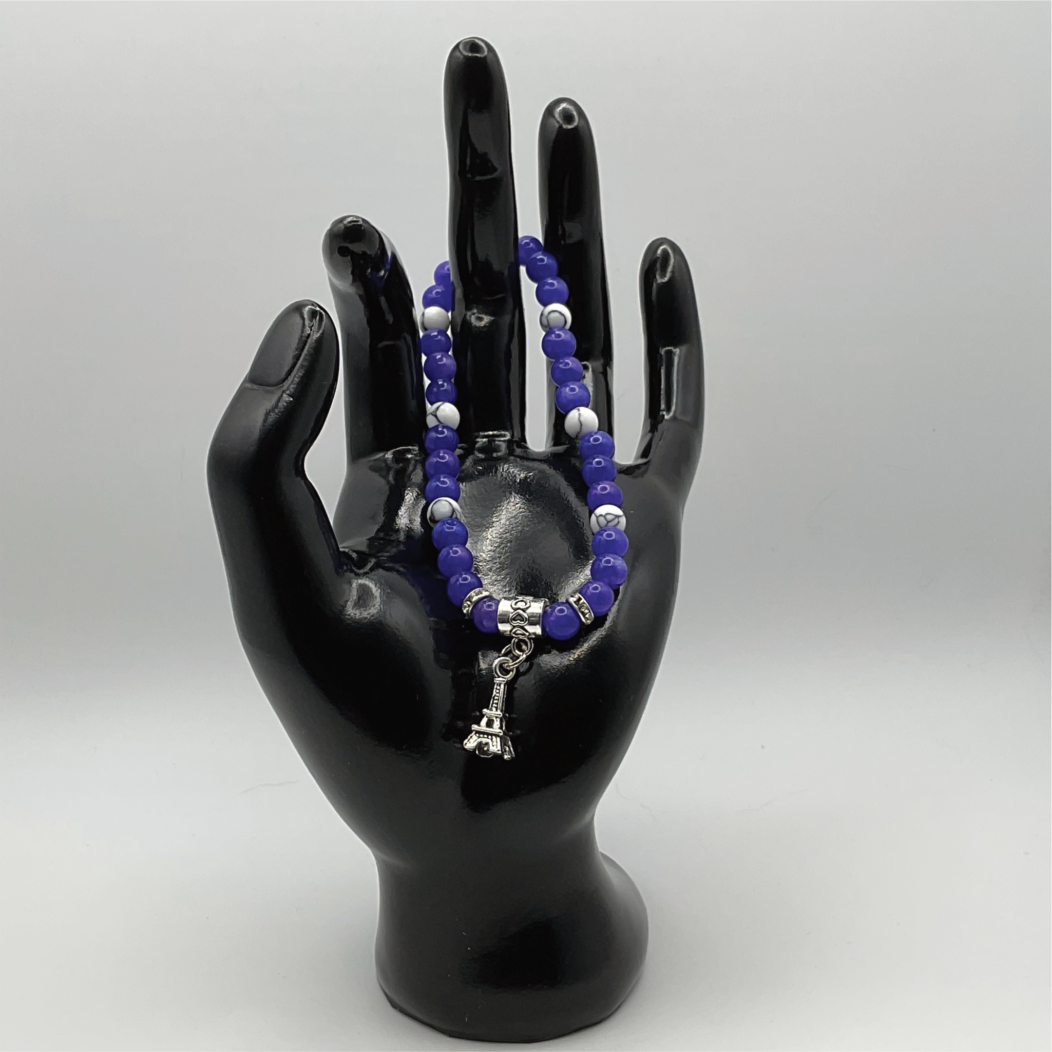 Amethyst Magnesite Eiffel Tower Charm Bracelet with Silver Tone Crystal Spacers